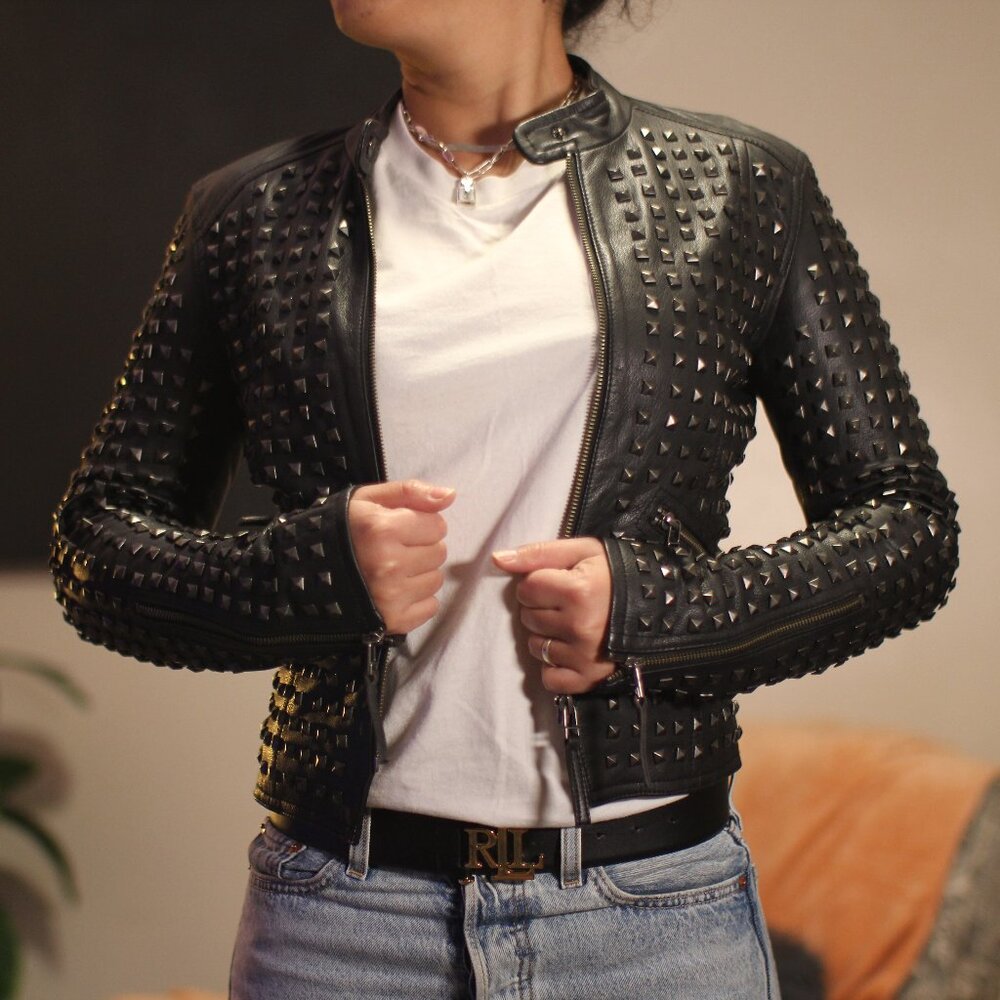 Lamarque Leather Jacket Black with Silver Studs, Genuine Leather